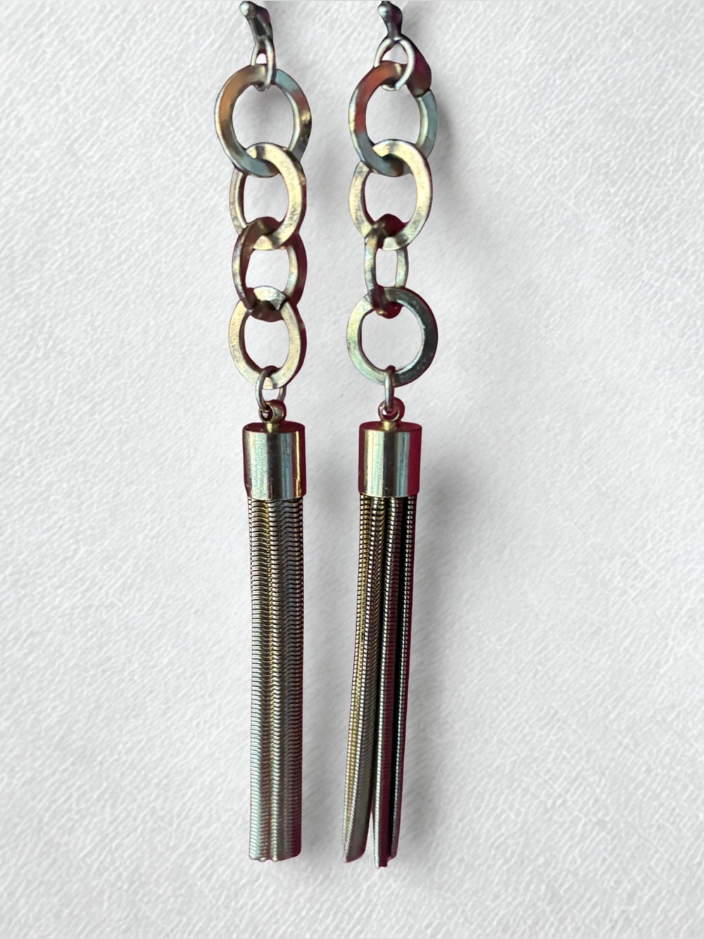 Vintage Two Tone Gold Silver Interlocking Circle Snake Chain Tassel Earrings